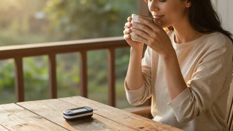 A woman sips from a cup on a sunlit porch, with a glucose meter resting on the wooden table in front of her.