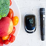 Blood glucose meter beside fresh vegetables and fruit.