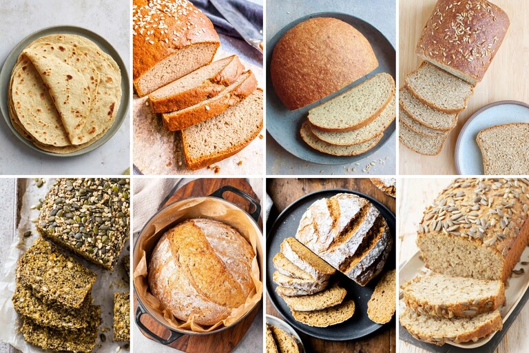 Collage of blood sugar-friendly bread options, including soft tortillas, sliced sandwich loaves, seed bread, and rustic homemade loaves.