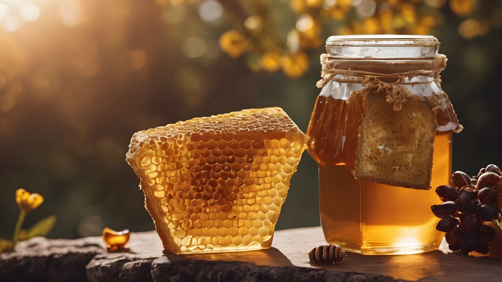 Golden honeycomb and a glass jar of honey glowing in warm sunlight on a rustic outdoor table.