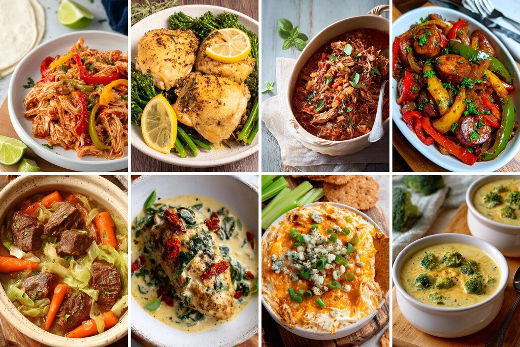 Collage of diabetes-friendly low carb slow cooker meals with chicken, beef stew, sausage peppers, and broccoli soup