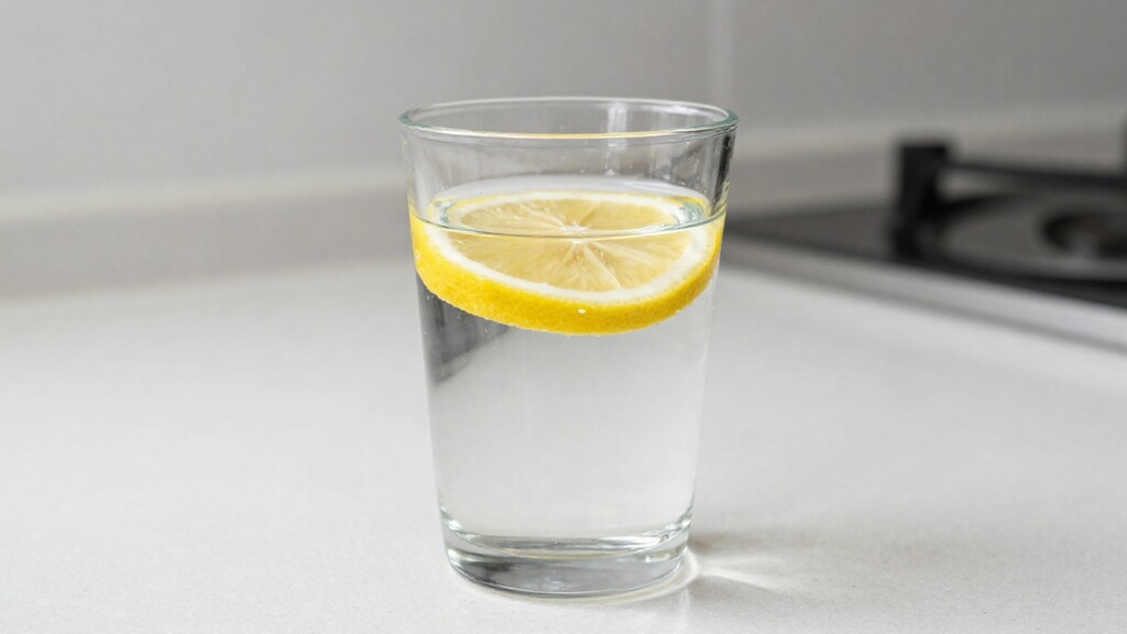 A glass of water with a floating lemon slice sits on a light kitchen counter.