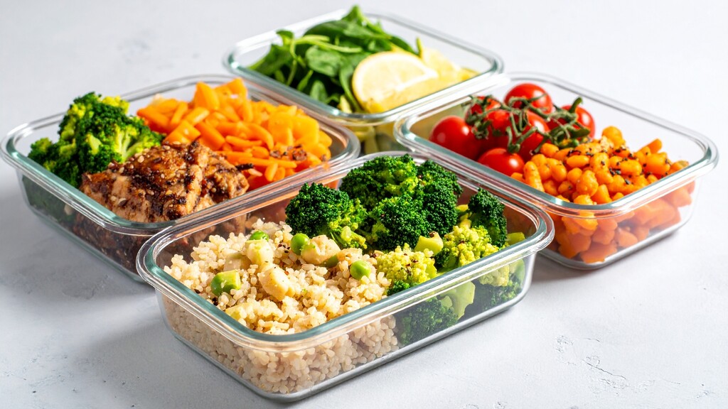 Glass meal prep containers filled with balanced meals.