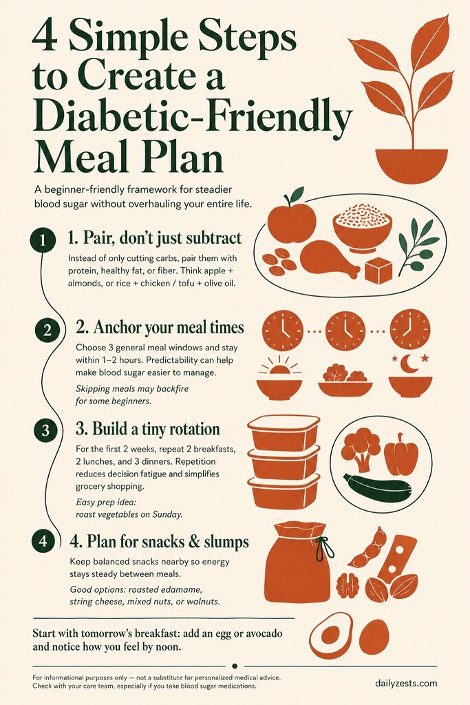 Infographic sharing 4 simple steps to create a diabetic-friendly meal plan with balanced pairings, regular meal times, meal rotation, and planned snacks.