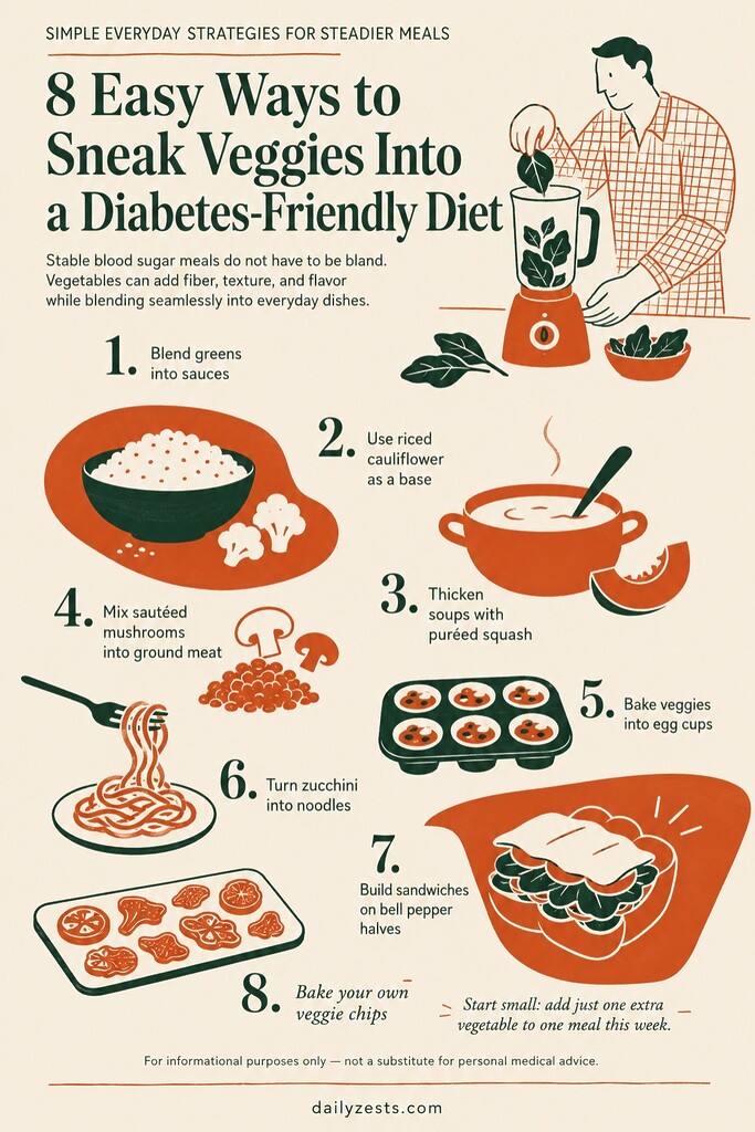 Infographic with 8 easy ways to add vegetables to a diabetes-friendly diet, from blended greens to veggie noodles and chips.