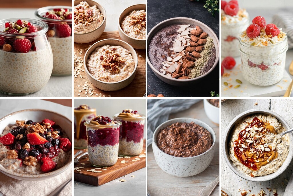 Collage of diabetes-friendly cereal bowls and chia puddings topped with berries, almonds, oats, and nuts