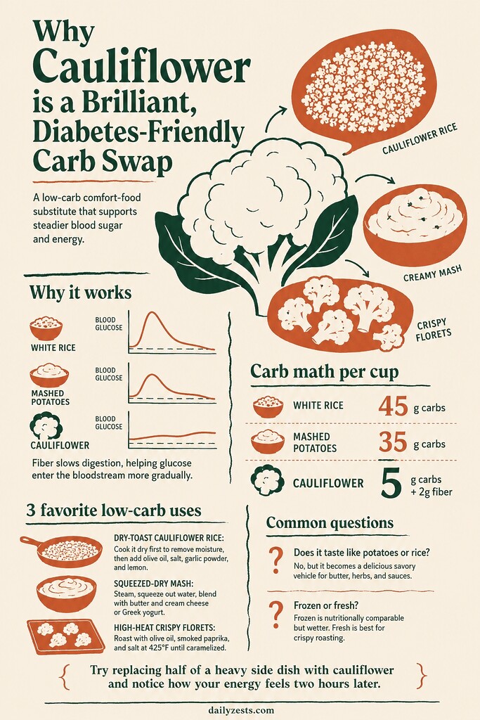 Editorial infographic showing cauliflower as a diabetes-friendly carb swap, comparing carbs in rice, mashed potatoes, and cauliflower, with visual summaries of cauliflower rice, mash, and crispy florets.