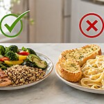 Diabetes-friendly meal with salmon, quinoa, avocado, and vegetables marked with a green check beside a creamy pasta meal and soda marked with a red X.