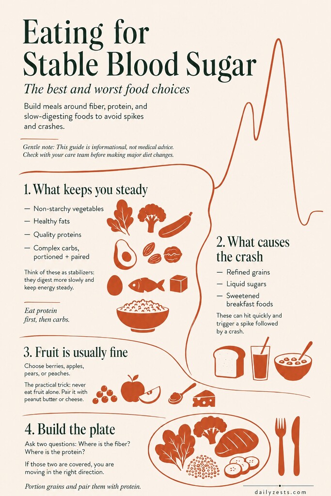 Editorial illustration summarizing stable blood sugar food choices, showing steadying foods like vegetables, healthy fats, proteins, and paired grains contrasted with refined grains, sugary drinks, and sweetened breakfasts that can cause spikes and crashes.