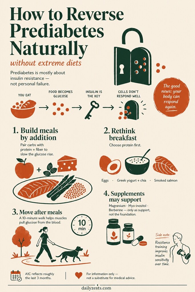 Infographic explaining natural ways to reverse prediabetes, including balanced meals, protein-first breakfast, walking after meals, and supportive supplements.