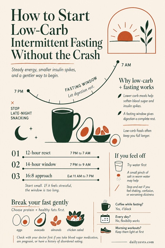 Editorial illustration summarizing low-carb intermittent fasting, with a 7 PM to 7 AM fasting window, beginner schedules, hydration tips, gentle fast-breaking foods, coffee guidance, workout notes, and safety reminders.