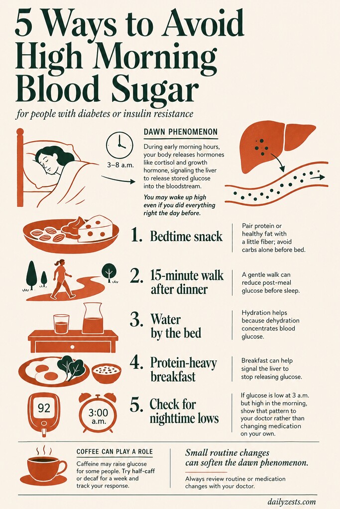 Editorial-style vertical illustration summarizing five ways to avoid high morning blood sugar with diabetes: dawn phenomenon, bedtime snack, after-dinner walk, water by the bed, protein-heavy breakfast, checking nighttime lows, and coffee’s possible effect.