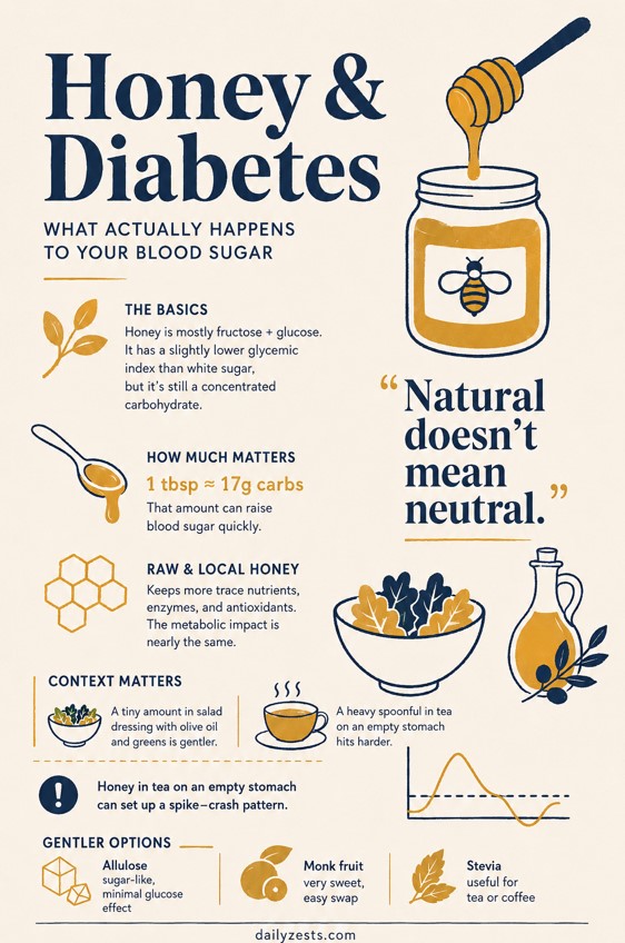 Editorial illustration explaining honey and diabetes, showing a honey jar, spoon, blood sugar spike chart, salad with olive oil, tea, and gentle sweetener alternatives.