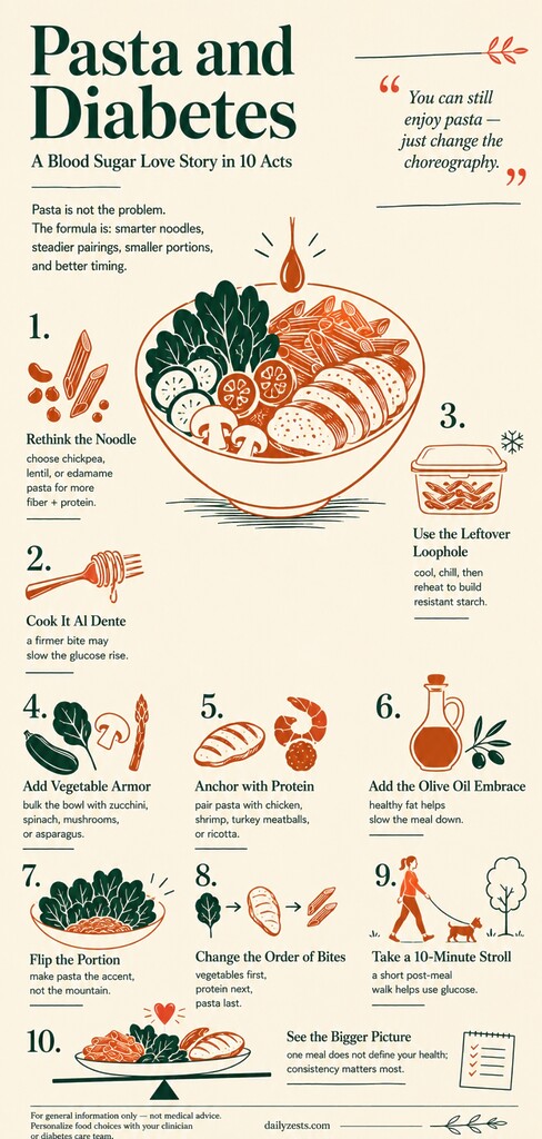 An editorial vertical infographic titled “Pasta and Diabetes,” showing a simplified pasta bowl with vegetables, protein, olive oil, and ten illustrated tips for making pasta more blood-sugar-friendly.