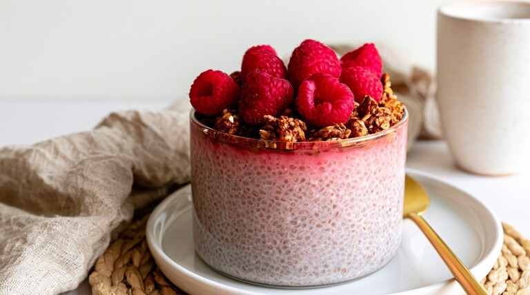 A glass bowl of pink chia pudding topped with fresh raspberries and granola, served on a white plate with a gold spoon and a mug in the background.