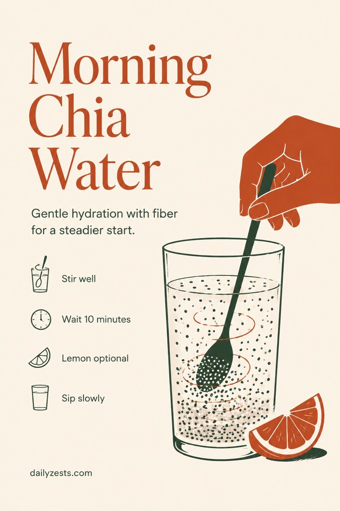 A morning glass of lemon water with soaked chia seeds being stirred to show an easy way to add chia seeds for hydration and fiber in a diabetic diet.