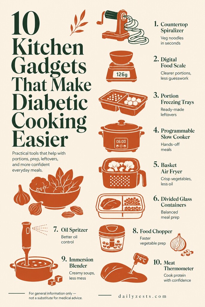 Infographic listing 10 kitchen gadgets that make diabetic cooking easier, including a spiralizer, food scale, air fryer, slow cooker, and meal prep containers.