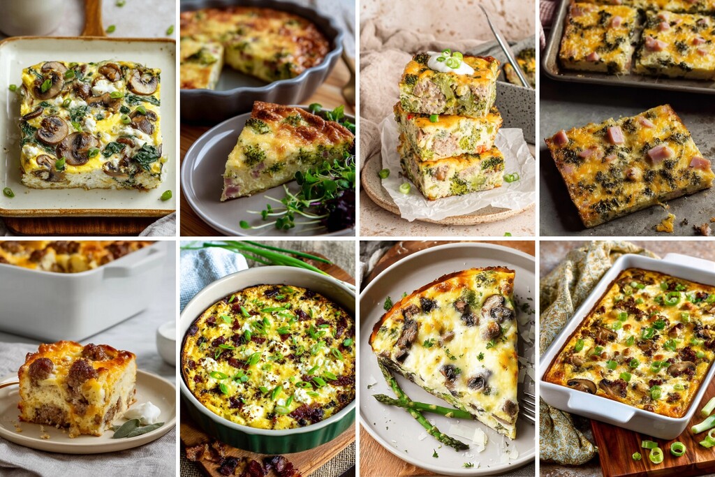 Collage of low-carb breakfast casseroles with egg bakes, mushrooms, greens, and sliced meal-prep portions