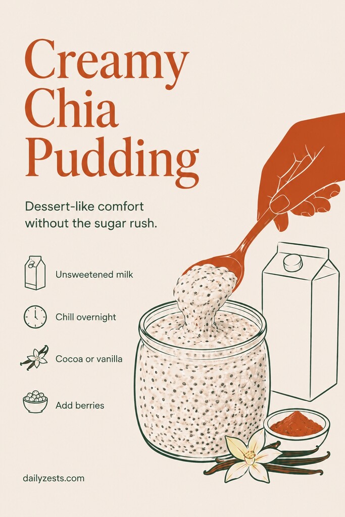 A creamy low-carb chia pudding in a glass jar with cocoa and berries as a blood-sugar-friendly breakfast or dessert idea.