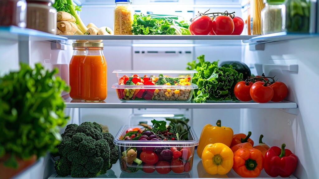 Refrigerator filled with fresh vegetables and meal prep containers.