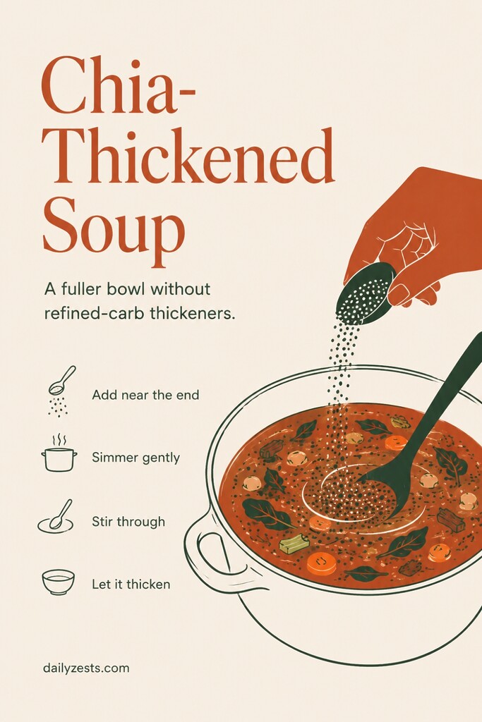 A warm vegetable soup being stirred with chia seeds to naturally thicken the broth without flour or cornstarch.