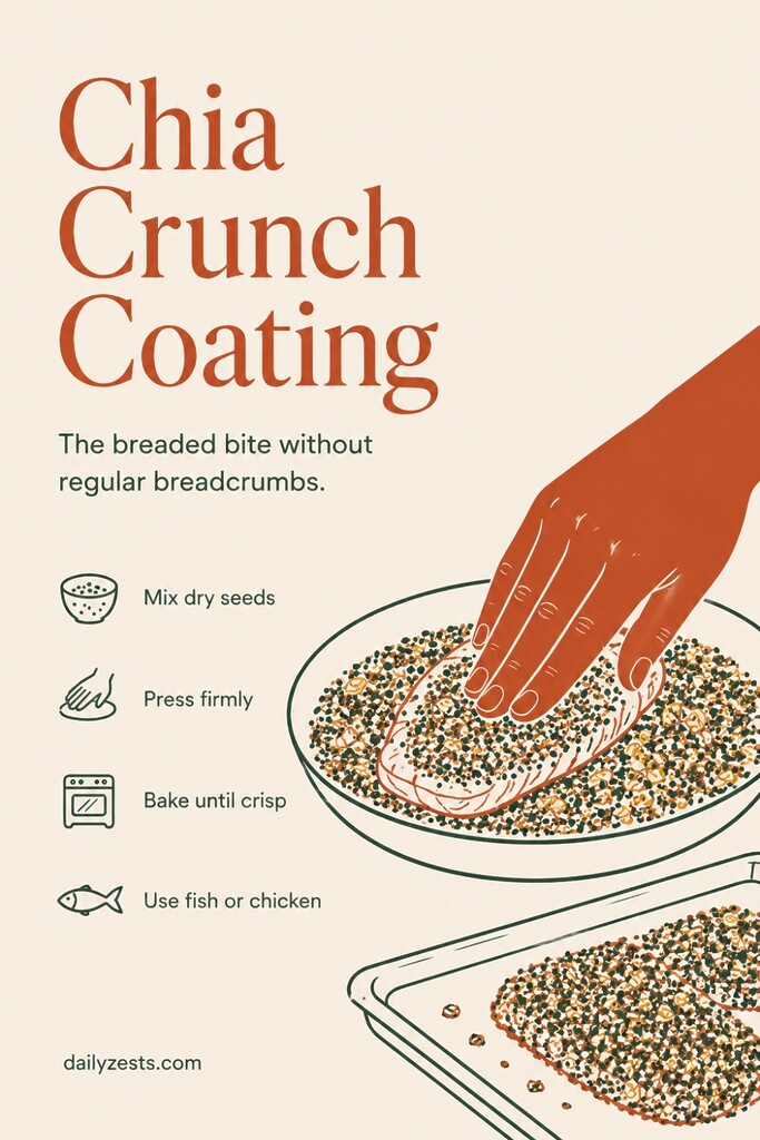 A chicken breast or fish fillet being pressed into a crunchy chia seed and nut coating as a low-carb breadcrumb alternative.