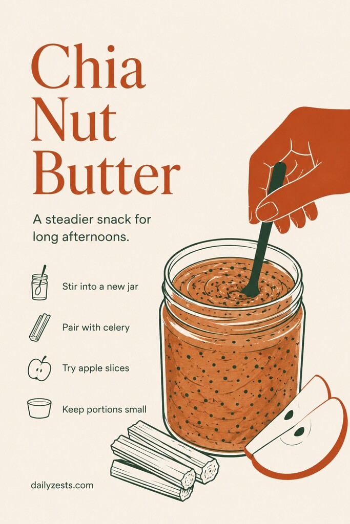 A spoonful of nut butter mixed with chia seeds beside apple slices and celery sticks for a fiber-rich diabetic-friendly snack.