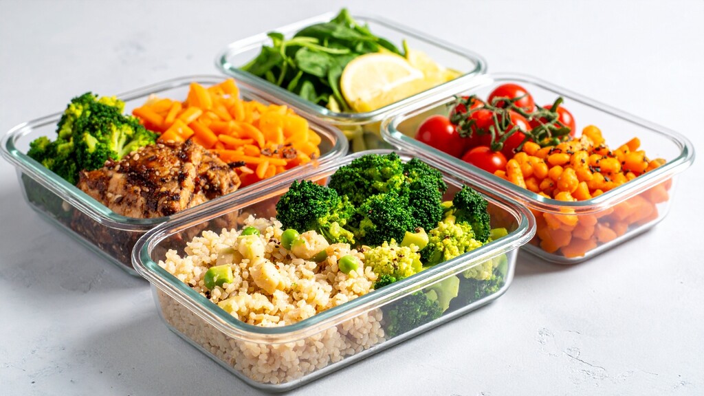 Glass meal prep containers filled with balanced meals.