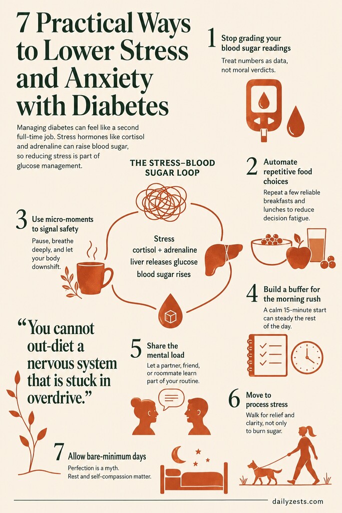 Editorial infographic summarizing seven ways to lower stress and anxiety with diabetes, showing the stress and blood sugar loop, practical tips for glucose readings, meal routines, breathing, morning buffers, support, movement, and rest.