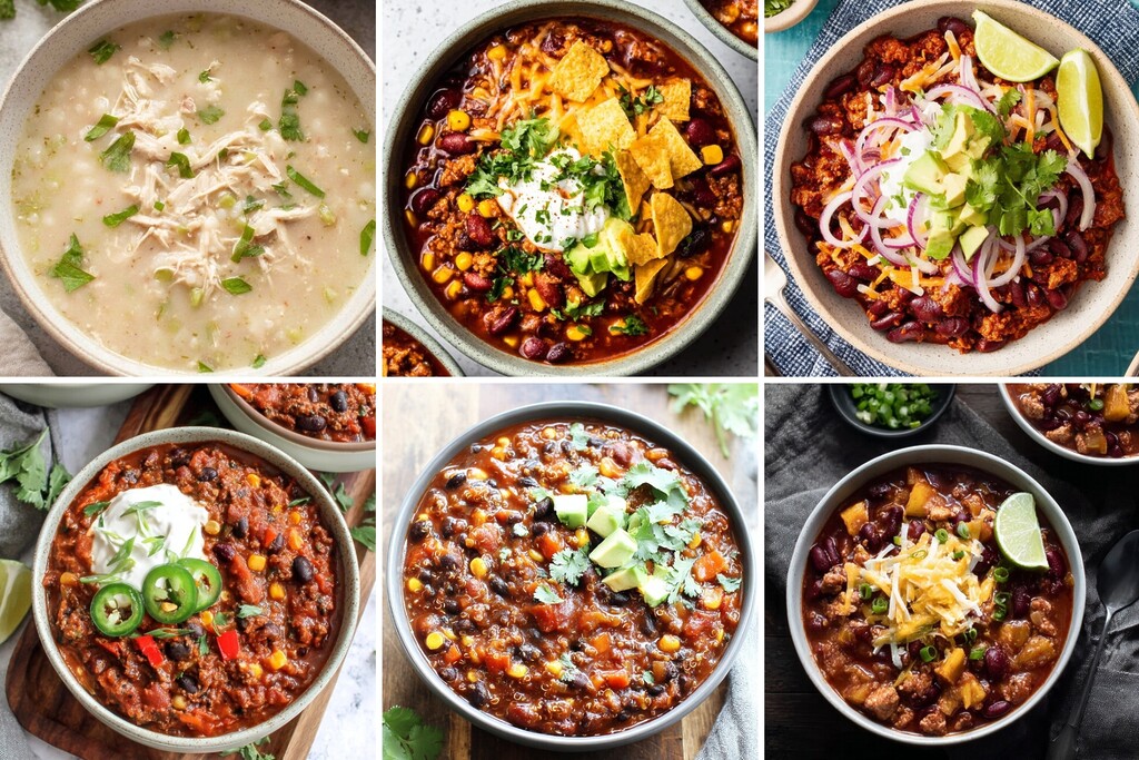 Assorted diabetes-friendly chili bowls with beans, chicken, avocado, cheese, lime, and fresh herbs.