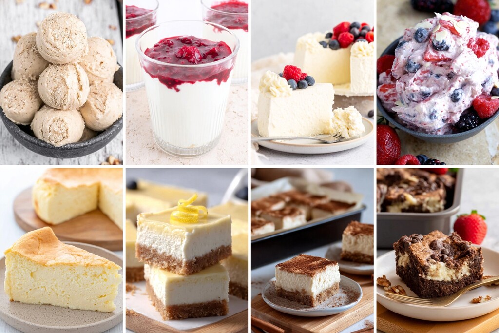 Collage of sugar-free cheesecake recipes, including classic slices, berry-topped cups, lemon bars, and chocolate cheesecake squares