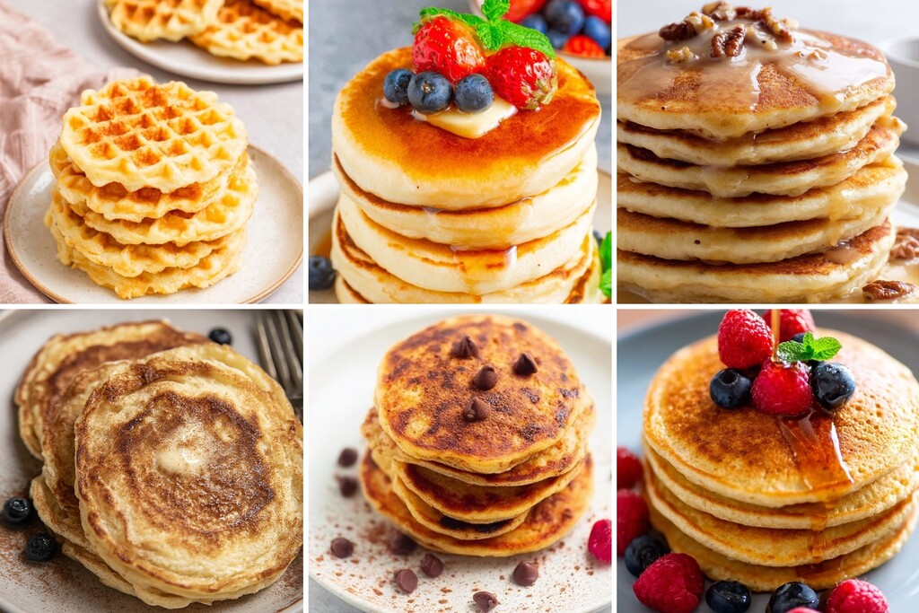 Collage of diabetic-friendly pancakes and waffles topped with berries, syrup, nuts, and chocolate chips