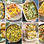 16 Diabetes-Friendly Meal Prep Casseroles for Steady Morning Energy Collage of eight colorful breakfast casserole recipes featuring eggs, cheese, spinach, broccoli, sausage, ham, potatoes, black beans, avocado, and fresh vegetables.