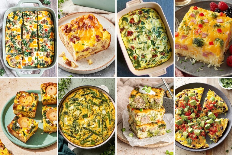 Collage of eight colorful breakfast casserole recipes featuring eggs, cheese, spinach, broccoli, sausage, ham, potatoes, black beans, avocado, and fresh vegetables.