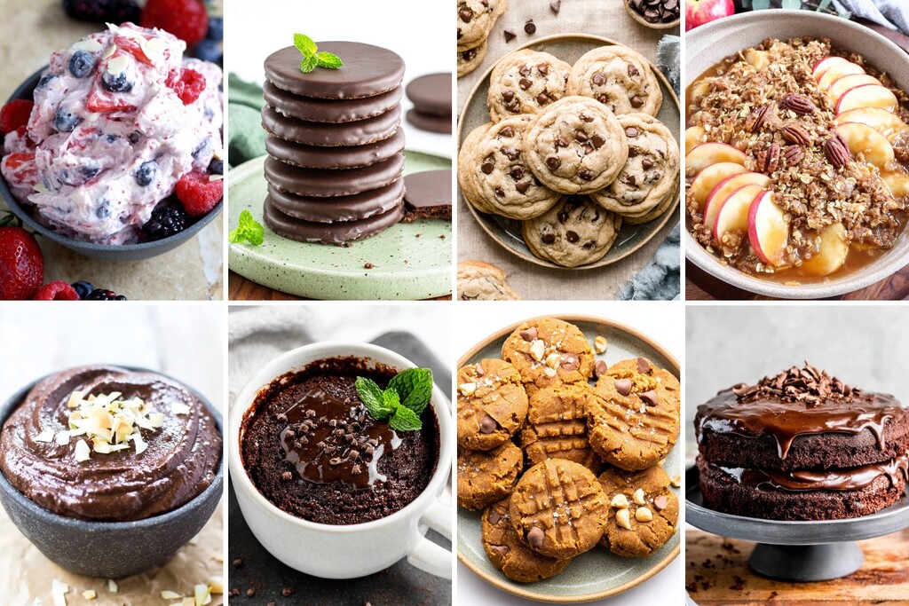 Collage of eight diabetes-friendly dessert ideas, including berry yogurt, chocolate-covered cookies, chocolate chip cookies, apple crisp, chocolate pudding, a chocolate mug cake, peanut butter cookies, and a layered chocolate cake.