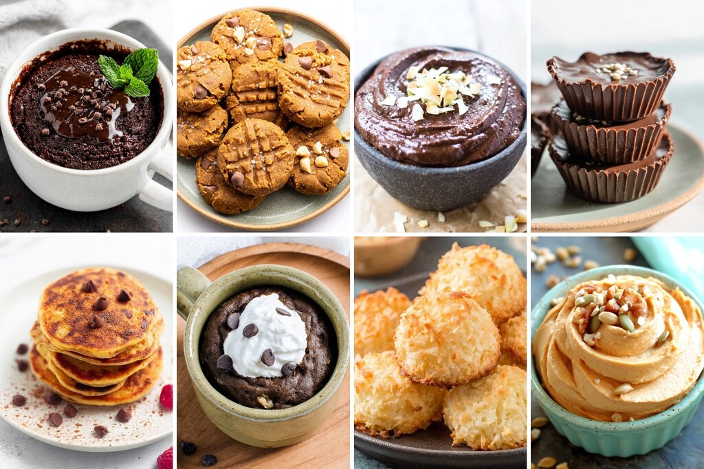 Collage of eight one-bowl low-carb dessert ideas, including chocolate mug cakes, peanut butter cookies, chocolate mousse, chocolate cups, mini pancakes, coconut macaroons, and pumpkin cream dessert.