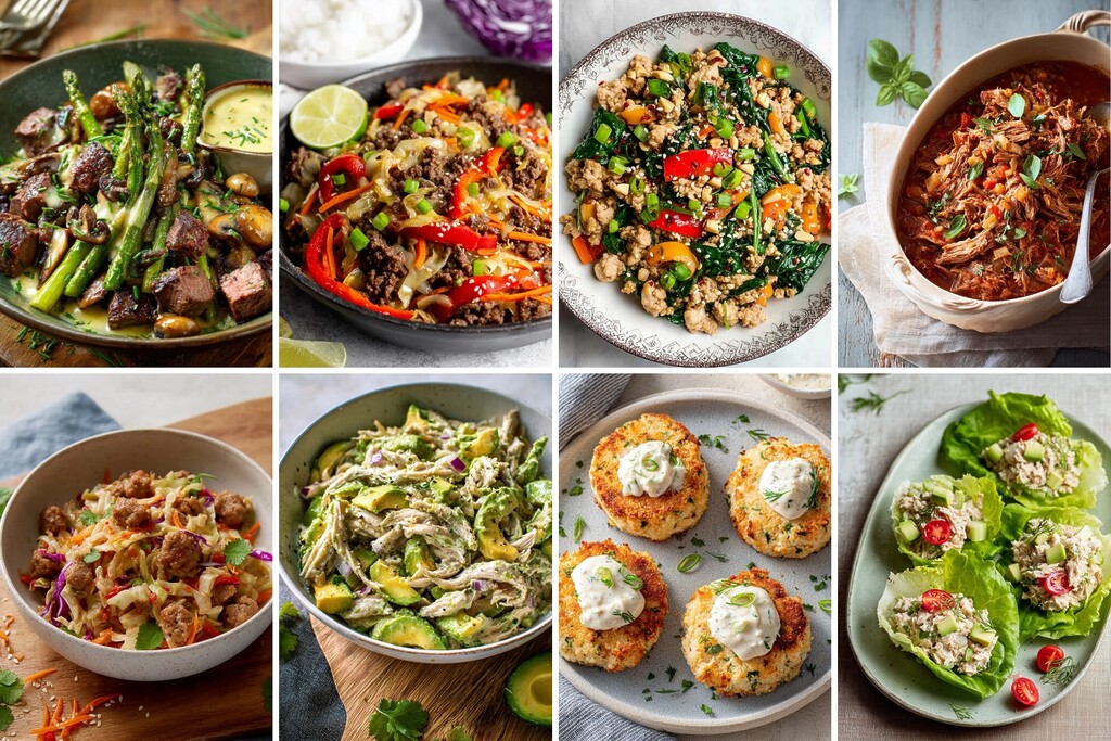 Collage of eight diabetes-friendly dinner ideas, including beef and asparagus, ground meat stir-fries, braised beef, chicken avocado salad, fish cakes, and tuna lettuce wraps.