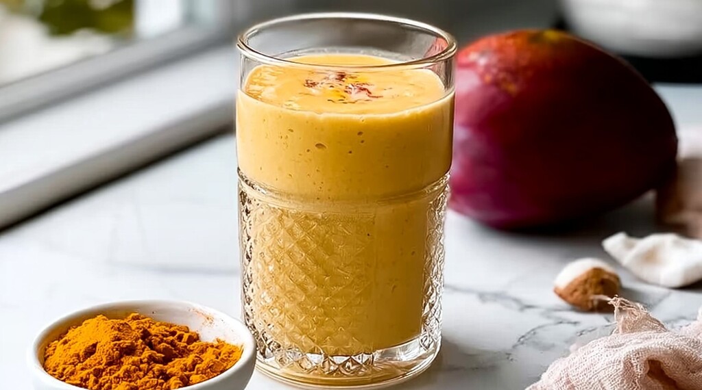 A glass of mango turmeric smoothie on a marble countertop, with a small bowl of turmeric powder, a mango, and coconut pieces beside it.