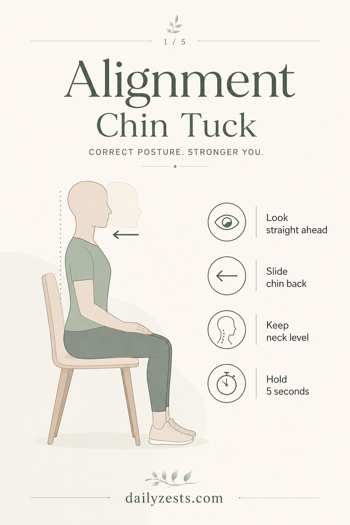 A seated person gently pulls the chin straight back into a chin tuck to improve neck alignment and posture.