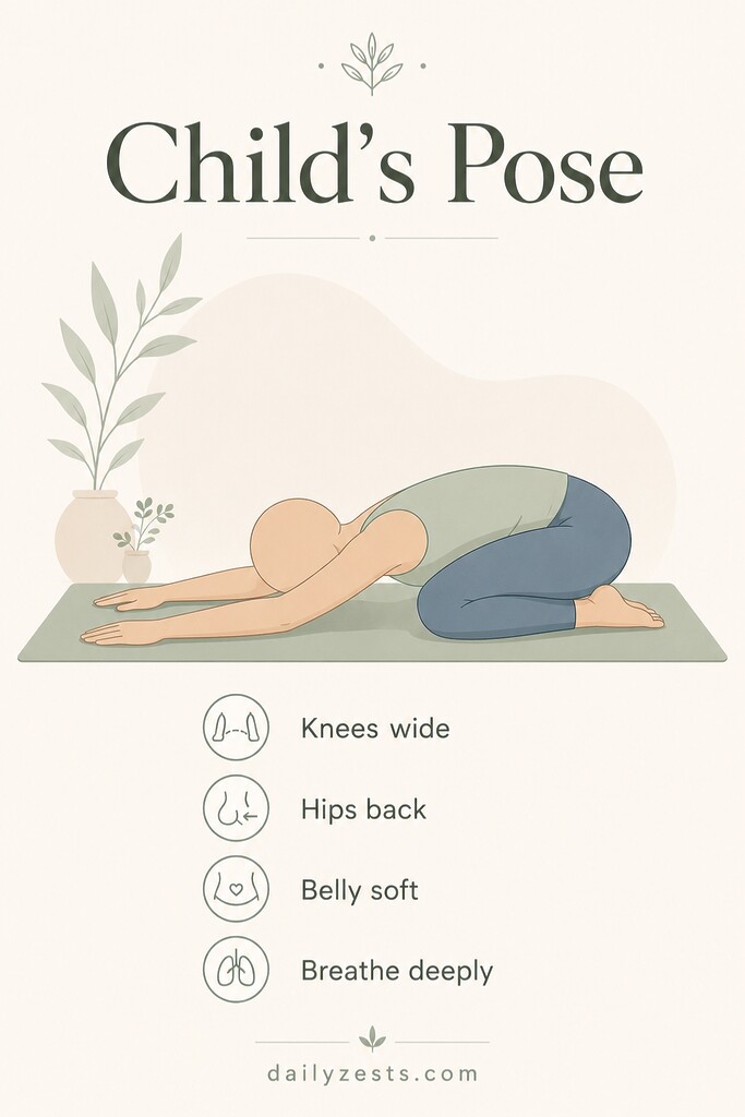 A faceless person in Child's Pose with wide knees and arms reaching forward to gently ease bloating discomfort.