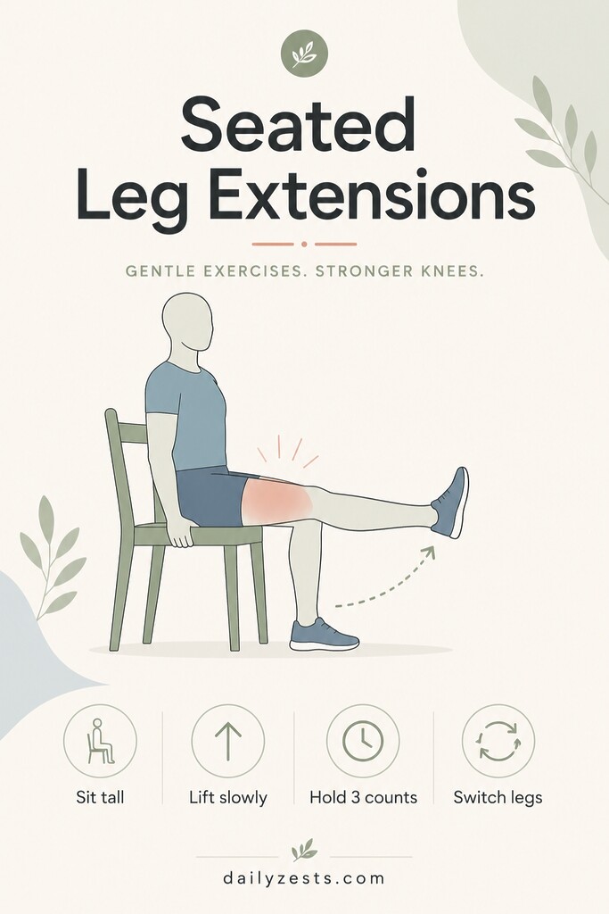 A person sits on a chair and straightens one leg forward to demonstrate a seated leg extension for gentle knee support.
