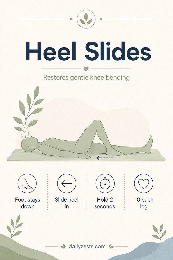 Person lying on their back sliding one heel toward the glutes for a gentle heel slide knee mobility exercise.