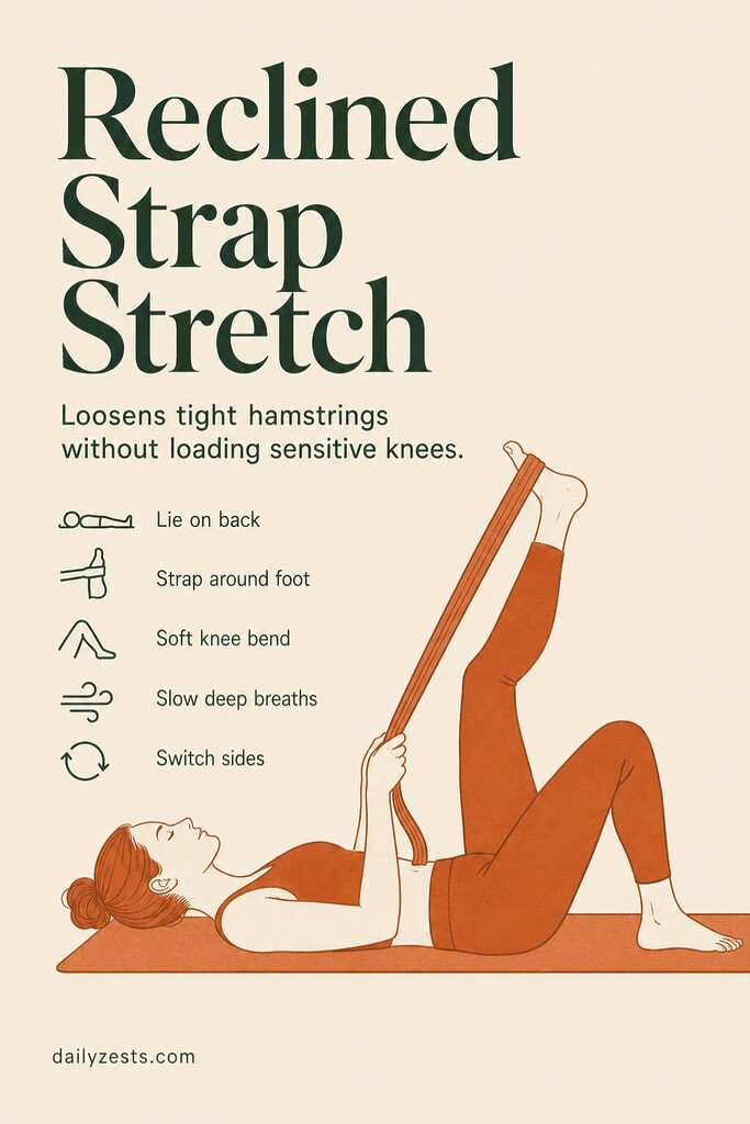 A person lies on a yoga mat using a strap around one foot to gently stretch the hamstring while keeping the knee softly bent.