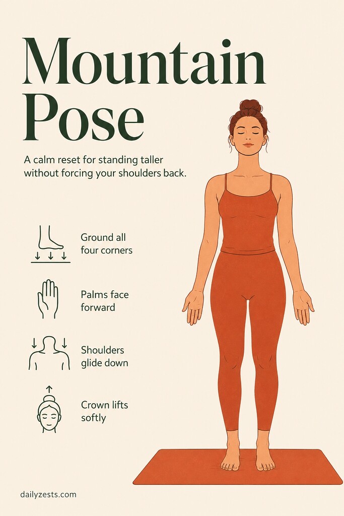Woman standing tall in Mountain Pose on a yoga mat with relaxed shoulders, grounded feet, and palms facing forward for better posture.