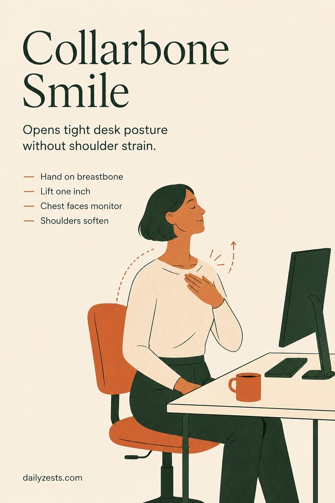 A person sitting at a desk gently opens their chest with one hand on the breastbone and relaxed shoulders to improve seated posture.