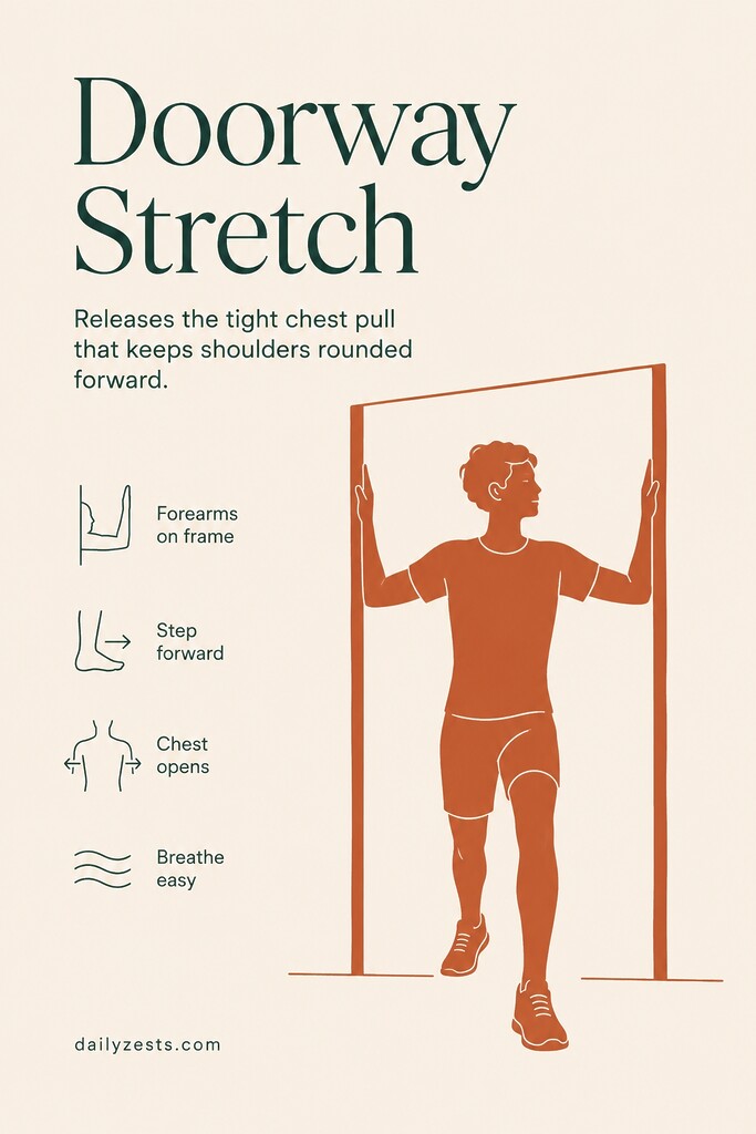 A person performs a doorway chest stretch with forearms on a doorframe to release rounded shoulders and improve posture.