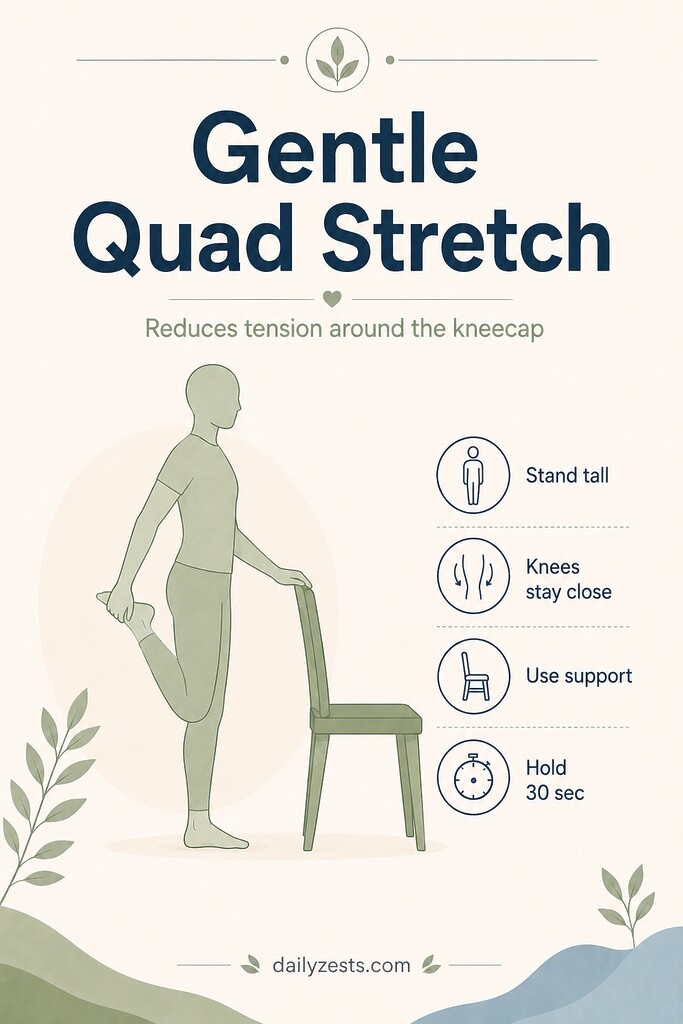 Person standing beside a chair gently pulling one foot behind the body for a quadriceps stretch.