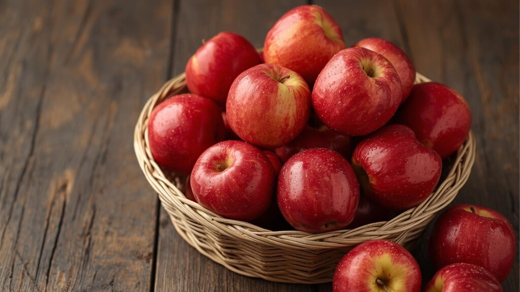 Basket filled with fresh red apples on a wooden table.