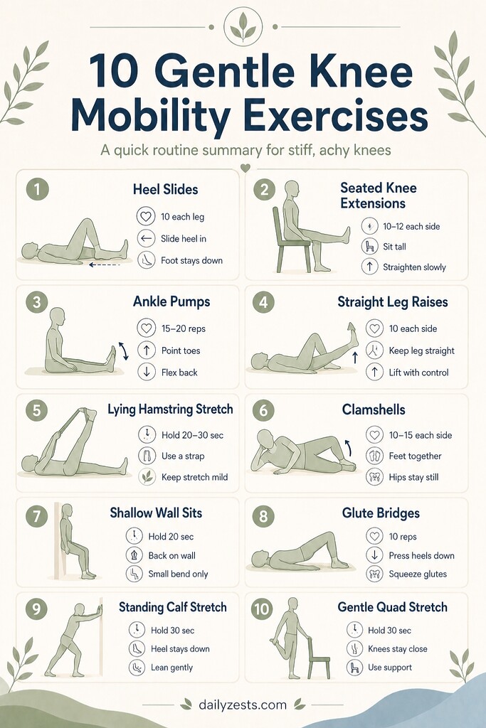 A vertical Pinterest infographic summarizing 10 gentle knee mobility exercises for stiff, achy knees, with simple illustrations, reps, hold times, and key cues for each move, including heel slides, ankle pumps, clamshells, wall sits, bridges, and stretches.
