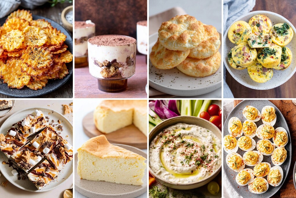 Protein-conscious snack roundup featuring cheese crisps, egg bites, whipped dip, cheesecake, and deviled eggs